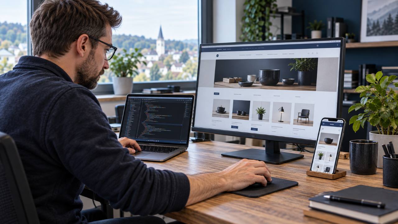 IT-Arbeitsplatz mit Website-Entwicklung und mobiler Shopansicht